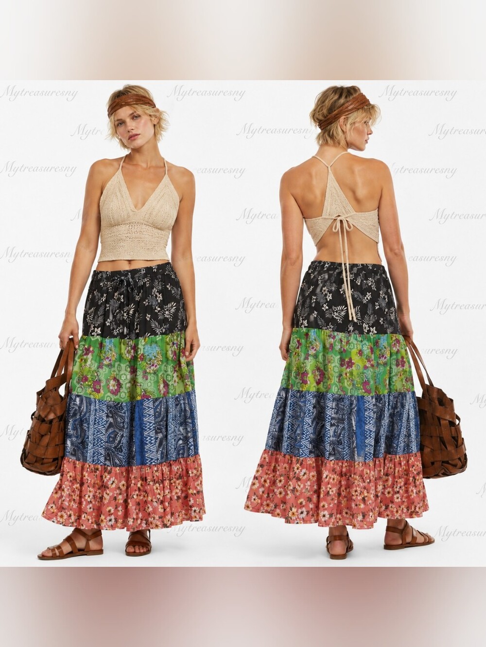 NWT Jackpot Breathable Boho Multi-Color Tiered Maxi Skirt Patchwork Gypsy